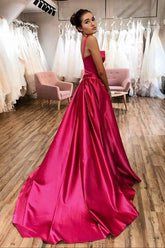 A-line Long Fuchsia Evening Dress UK Satin with Court Train